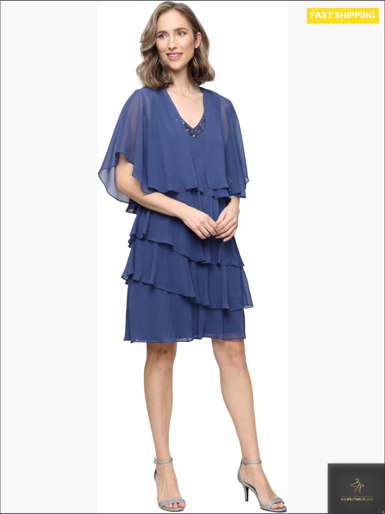 Chiffon Tiered Jacket Dress Beaded Neckline Sleeveless Formal Elegant Mother